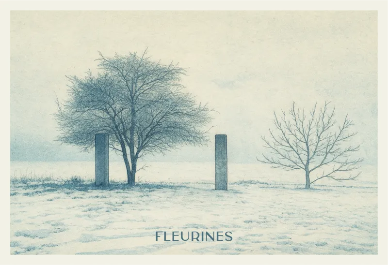 Carte postale de Fleurines sous la neige — stèles de pierre dans un paysage hivernal silencieux et épuré