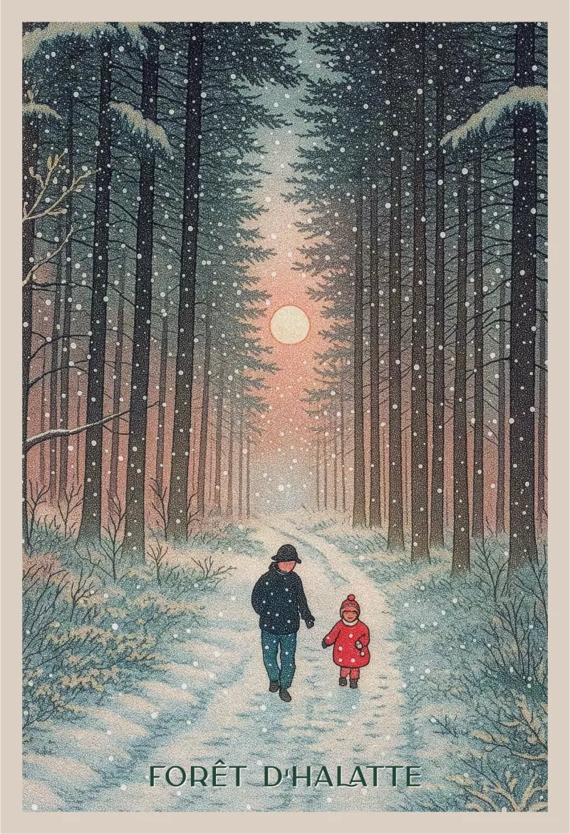 Affiche de la Forêt d'Halatte sous la neige — père et enfant en promenade hivernale au coucher de soleil