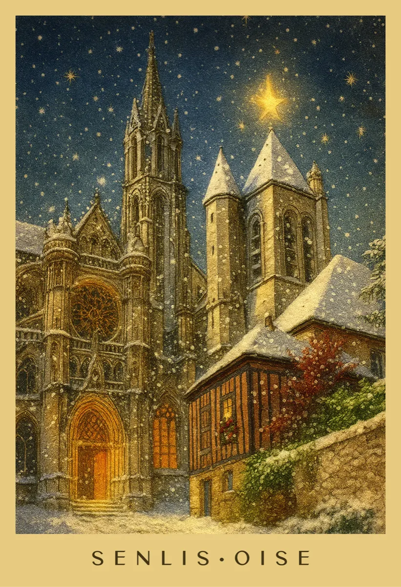 Carte postale de Noël — cathédrale Notre-Dame de Senlis sous la neige et un ciel étoilé