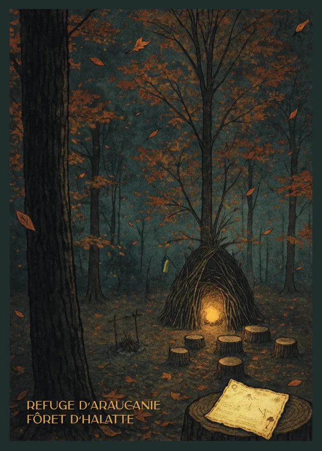 Affiche vintage de la Forêt d'Halatte — Refuge d'Araucanie, abri de branches sous les feuilles d'automne, feu au crépuscule
