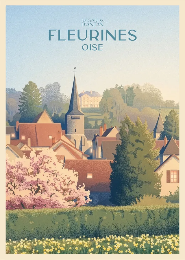 Affiche Art Déco de Fleurines — cerisiers en fleurs, clocher et toits du village au printemps, Oise