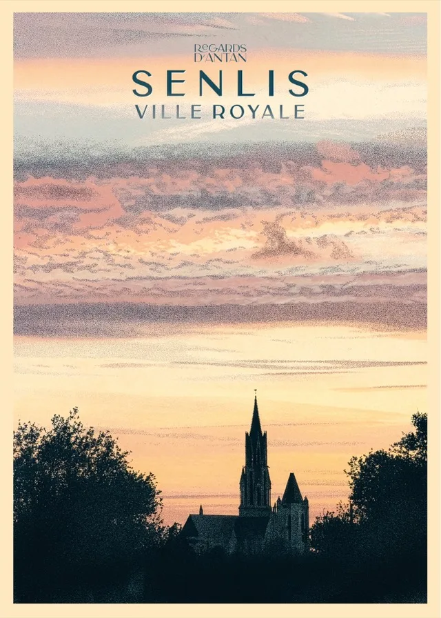 Affiche vintage de Senlis — cathédrale Notre-Dame en silhouette sous un coucher de soleil flamboyant