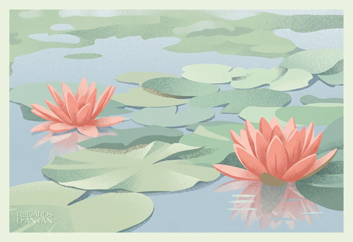 Carte postale vintage — nénuphars en fleurs sur un étang paisible