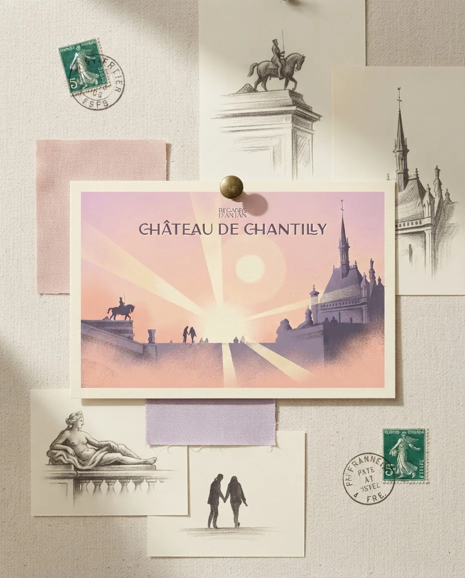 Affiche Château de Chantilly de Regards d'Antan, carte postale punaisée sur un moodboard en lin crème, parmi des timbres anciens