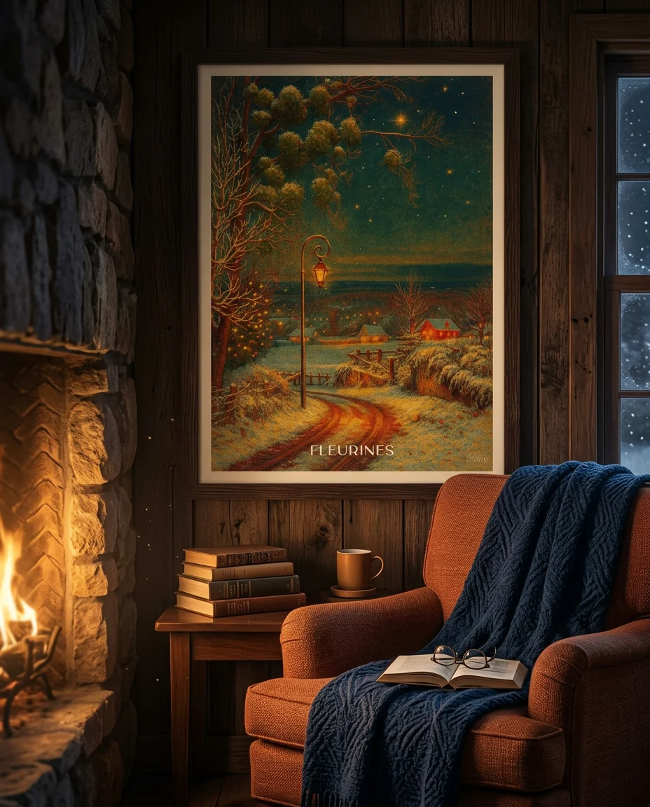 Affiche Fleurines, Chemin de Noël de Regards d'Antan, encadrée dans un coin lecture d'hiver, lambris sombre et fauteuil terracotta près de la cheminée