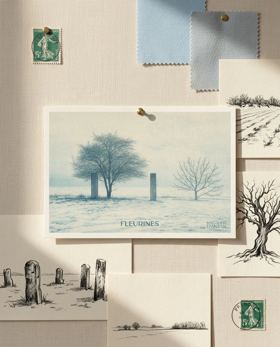 Affiche Fleurines, L'Hiver de Regards d'Antan, carte postale punaisée sur un moodboard en lin crème, parmi des timbres anciens