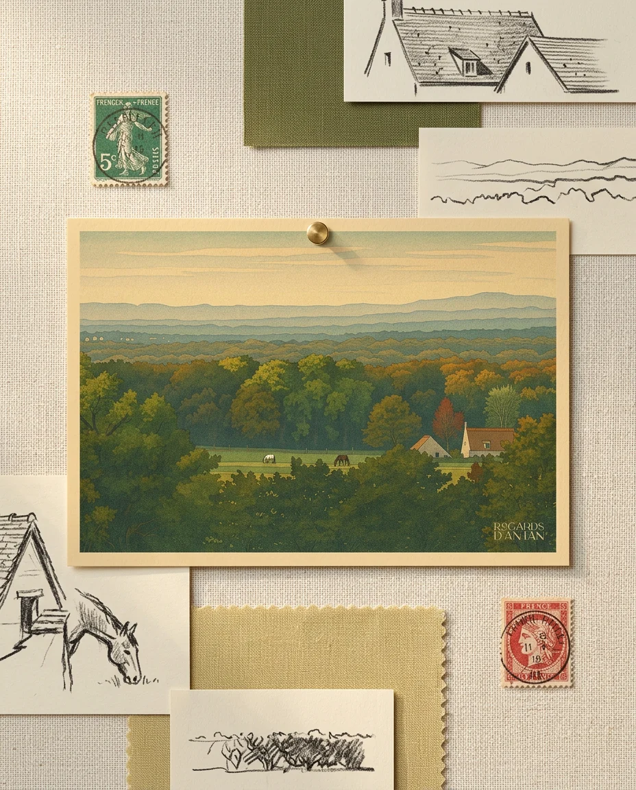 Affiche Fleurines, Panorama d'Automne de Regards d'Antan, carte postale punaisée sur un moodboard en lin crème, parmi des timbres anciens