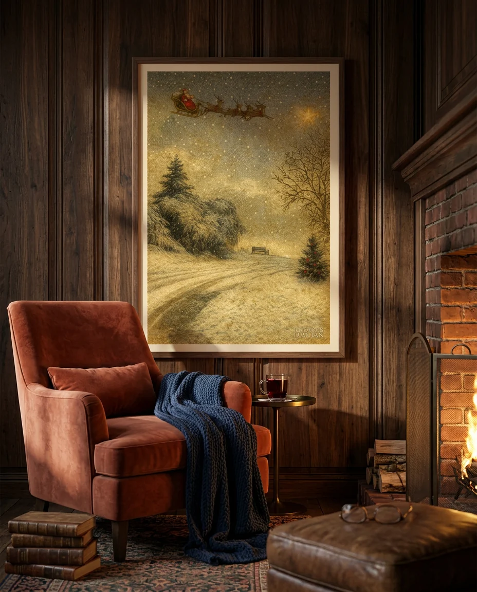 Affiche Fleurines, Le Père Noël de Regards d'Antan, encadrée dans un coin lecture d'hiver, lambris sombre et fauteuil terracotta près de la cheminée