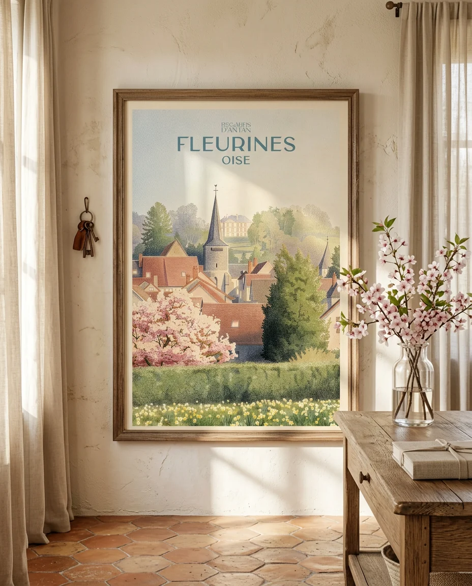 Affiche Fleurines, Perspective de Regards d'Antan, encadrée sur un mur de plâtre crème dans une maison de Provence, tomettes et meubles de chêne patiné