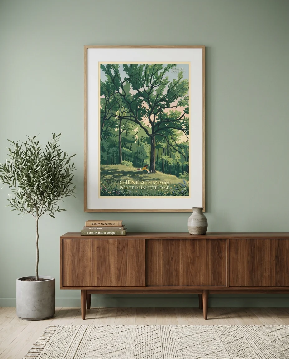 Affiche Forêt d'Halatte, Chêne à l'Image de Regards d'Antan, encadrée en chêne clair sur un mur vert sauge, au-dessus d'un buffet en noyer