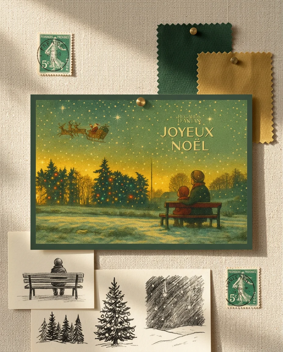 Affiche Joyeux Noël de Regards d'Antan, carte postale punaisée sur un moodboard en lin crème, parmi des timbres anciens