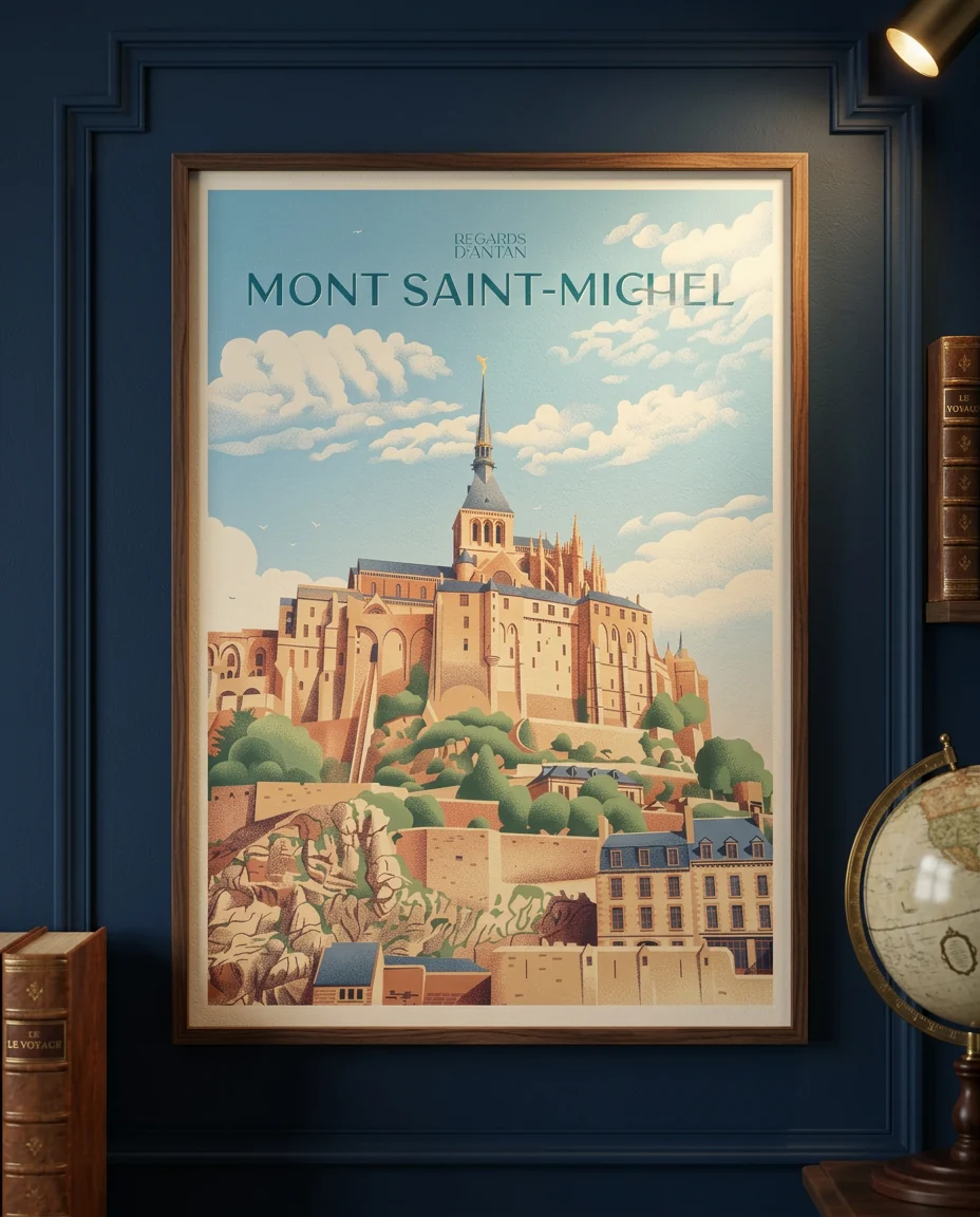 Affiche Le Mont-Saint-Michel de Regards d'Antan, encadrée sur un mur bleu nuit à moulures Art Déco, en lumière dirigée