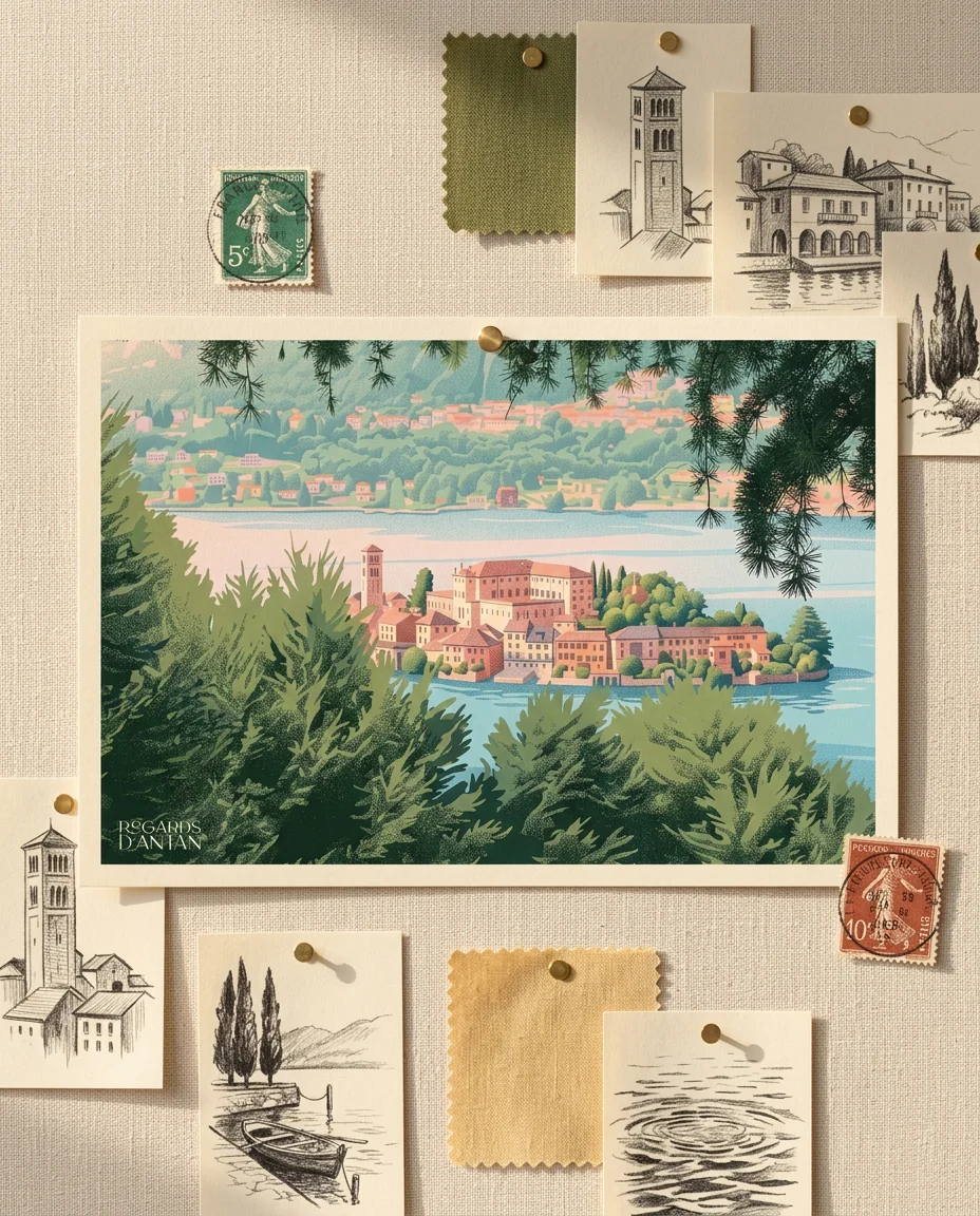 Carte postale Orta San Giulio, Carte Postale de Regards d'Antan, carte postale punaisée sur un moodboard en lin crème, parmi des timbres anciens