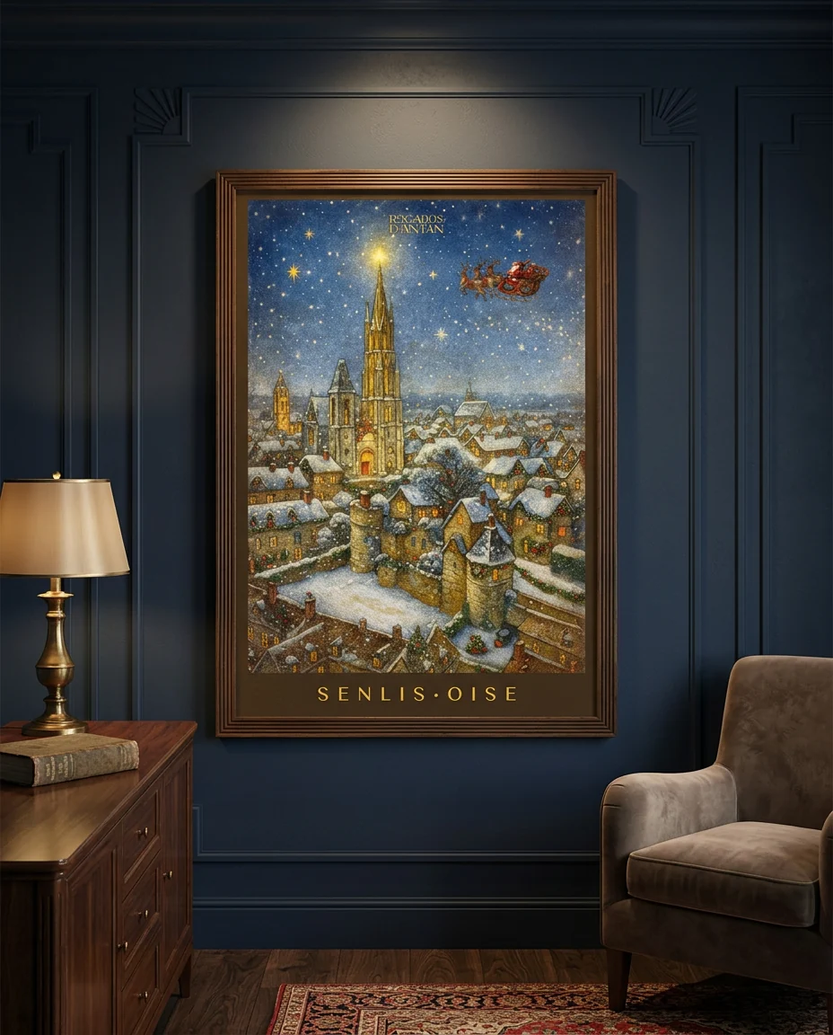 Affiche Senlis, Noël sur les Toits de Regards d'Antan, encadrée sur un mur bleu nuit à moulures Art Déco, en lumière dirigée
