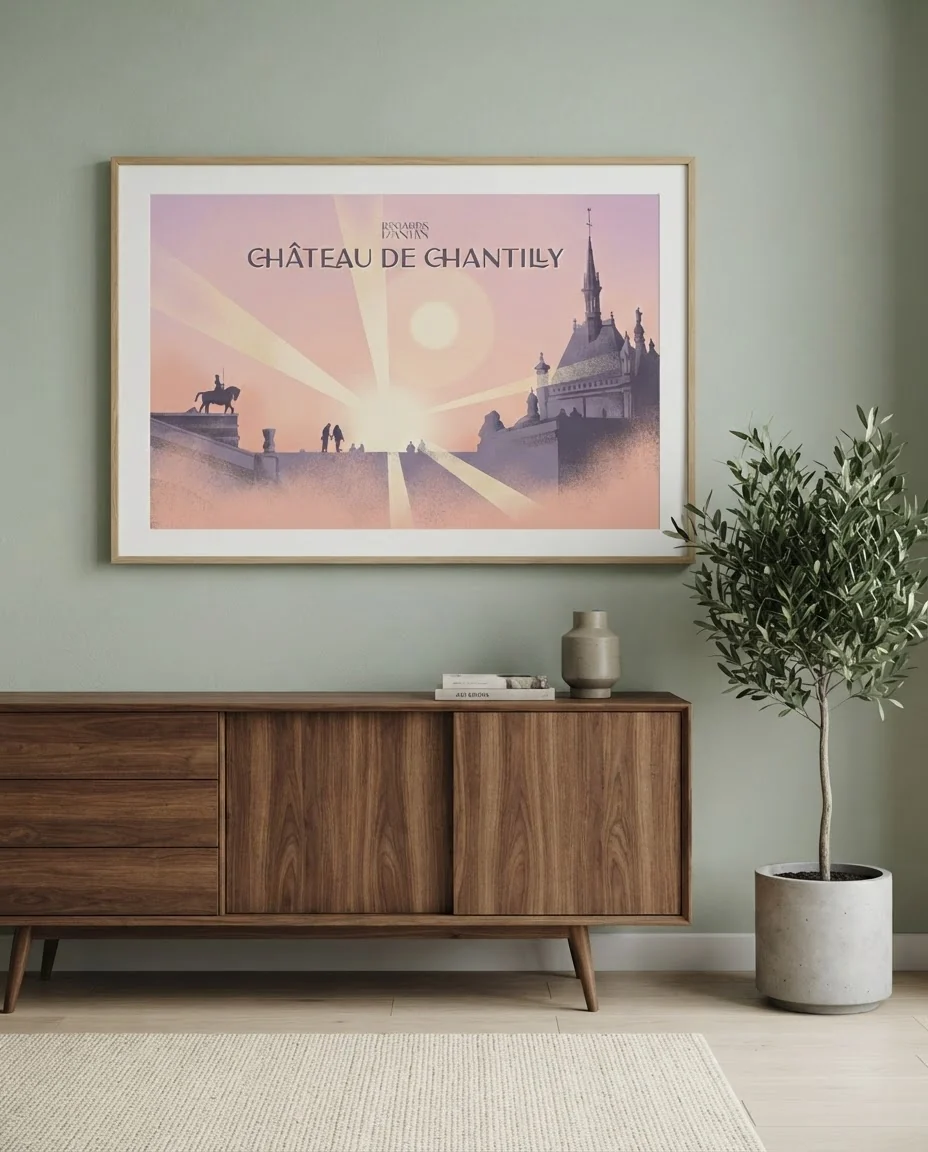 Affiche Château de Chantilly de Regards d'Antan, encadrée en chêne clair sur un mur vert sauge, au-dessus d'un buffet en noyer