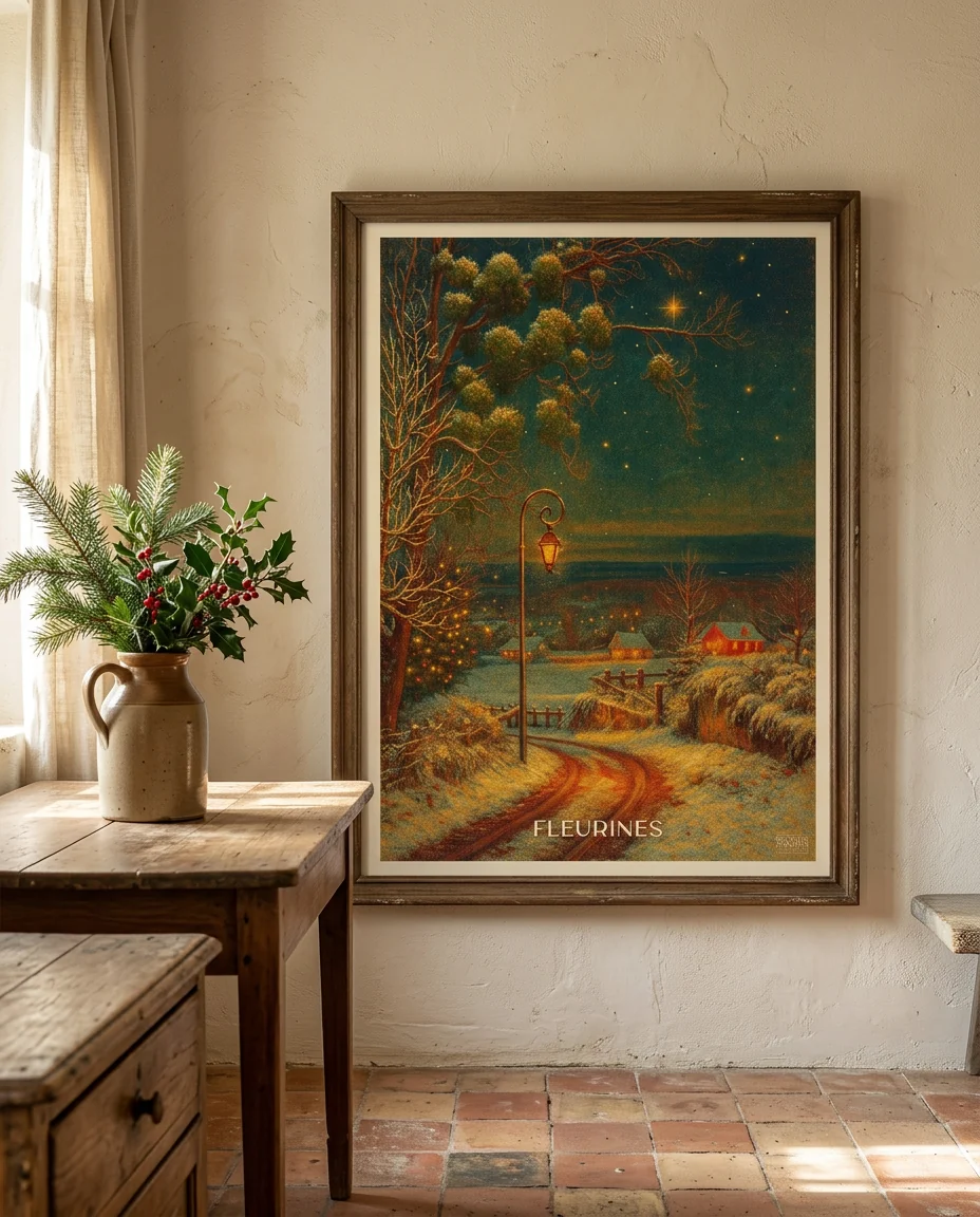 Affiche Fleurines, Chemin de Noël de Regards d'Antan, encadrée sur un mur de plâtre crème dans une maison de Provence, tomettes et meubles de chêne patiné