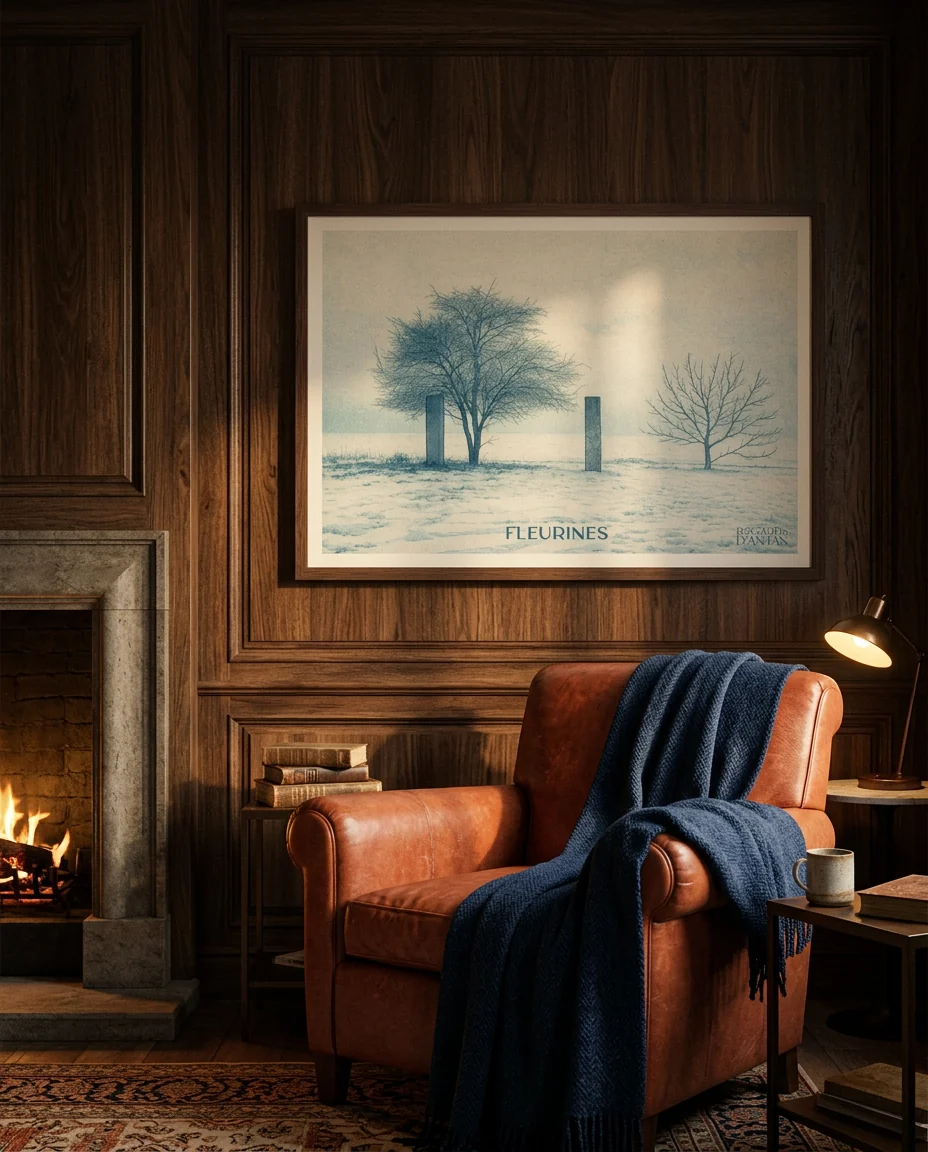 Affiche Fleurines, L'Hiver de Regards d'Antan, encadrée dans un coin lecture d'hiver, lambris sombre et fauteuil terracotta près de la cheminée