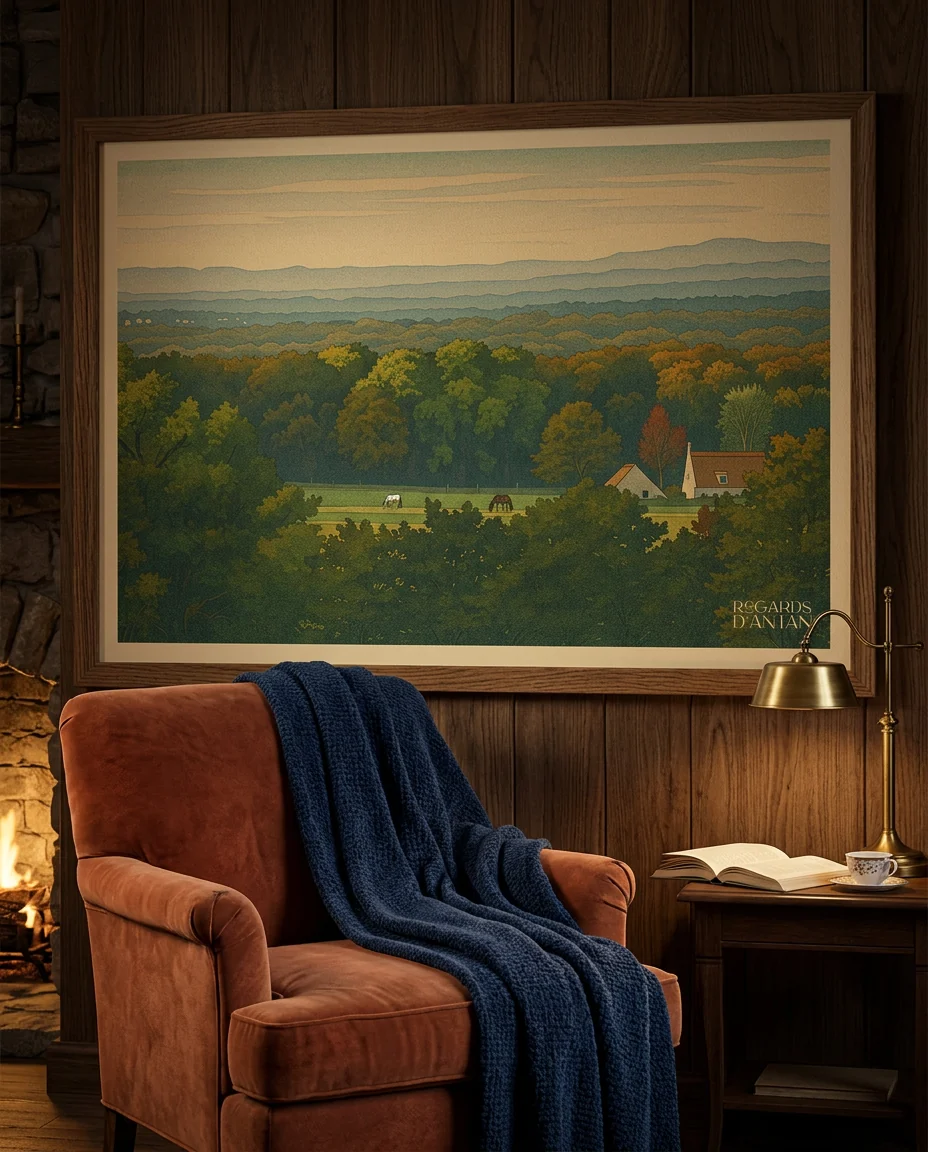 Affiche Fleurines, Panorama d'Automne de Regards d'Antan, encadrée dans un coin lecture d'hiver, lambris sombre et fauteuil terracotta près de la cheminée