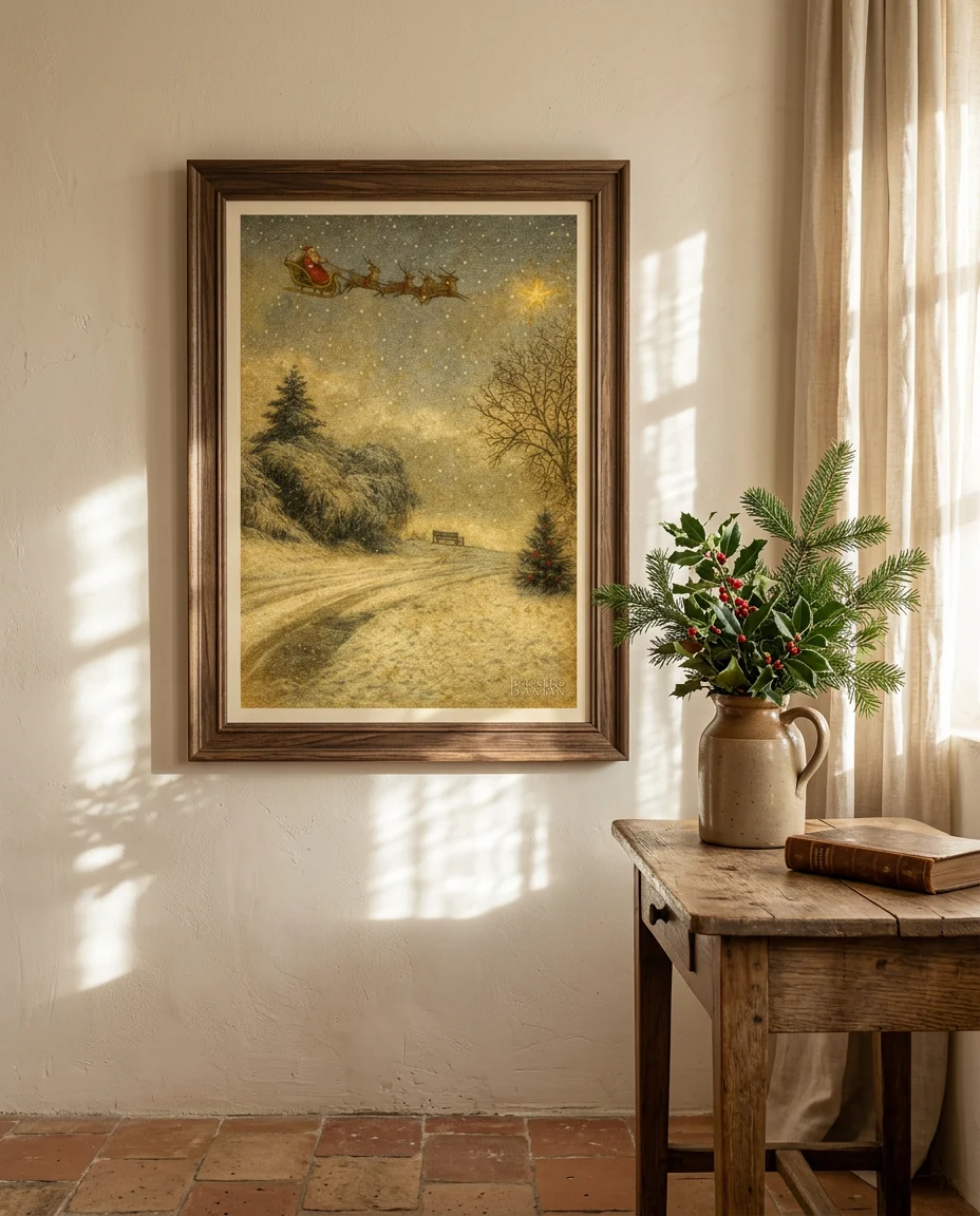 Affiche Fleurines, Le Père Noël de Regards d'Antan, encadrée sur un mur de plâtre crème dans une maison de Provence, tomettes et meubles de chêne patiné