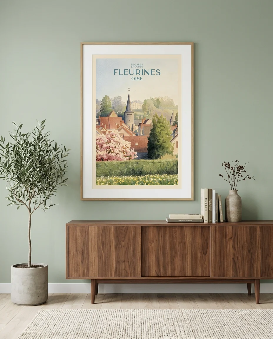 Affiche Fleurines, Perspective de Regards d'Antan, encadrée en chêne clair sur un mur vert sauge, au-dessus d'un buffet en noyer