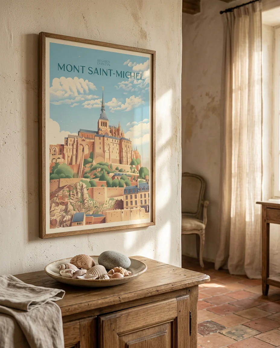 Affiche Le Mont-Saint-Michel de Regards d'Antan, encadrée sur un mur de plâtre crème dans une maison de Provence, tomettes et meubles de chêne patiné