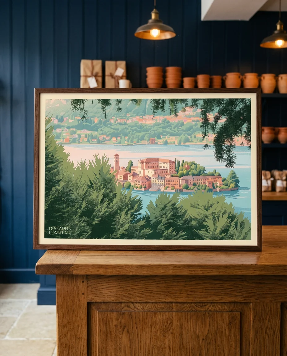 Carte postale Orta San Giulio, Carte Postale de Regards d'Antan, encadrée sur le comptoir de chêne d'une boutique de caractère, lambris bleu nuit et céramiques terracotta