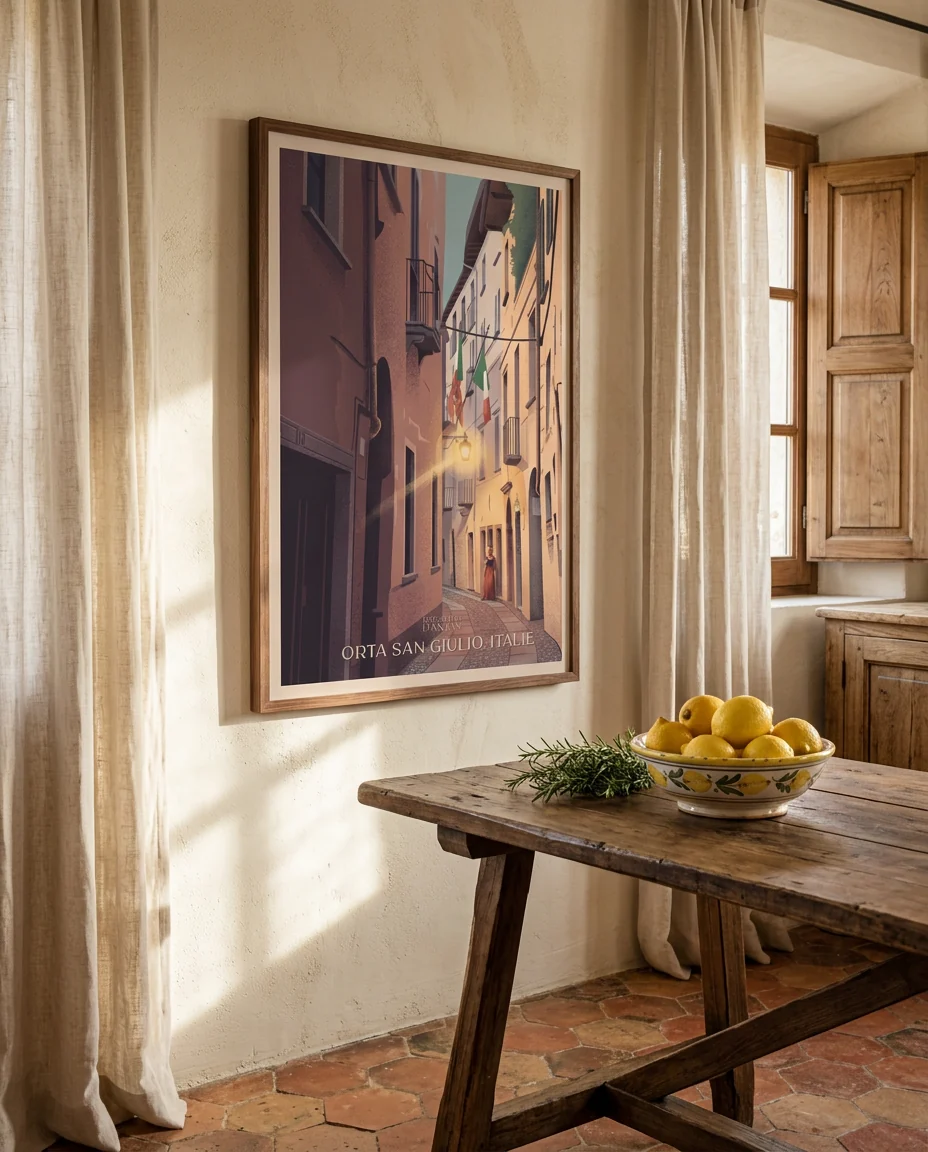 Affiche Orta San Giulio, Italie de Regards d'Antan, encadrée sur un mur de plâtre crème dans une maison de Provence, tomettes et meubles de chêne patiné
