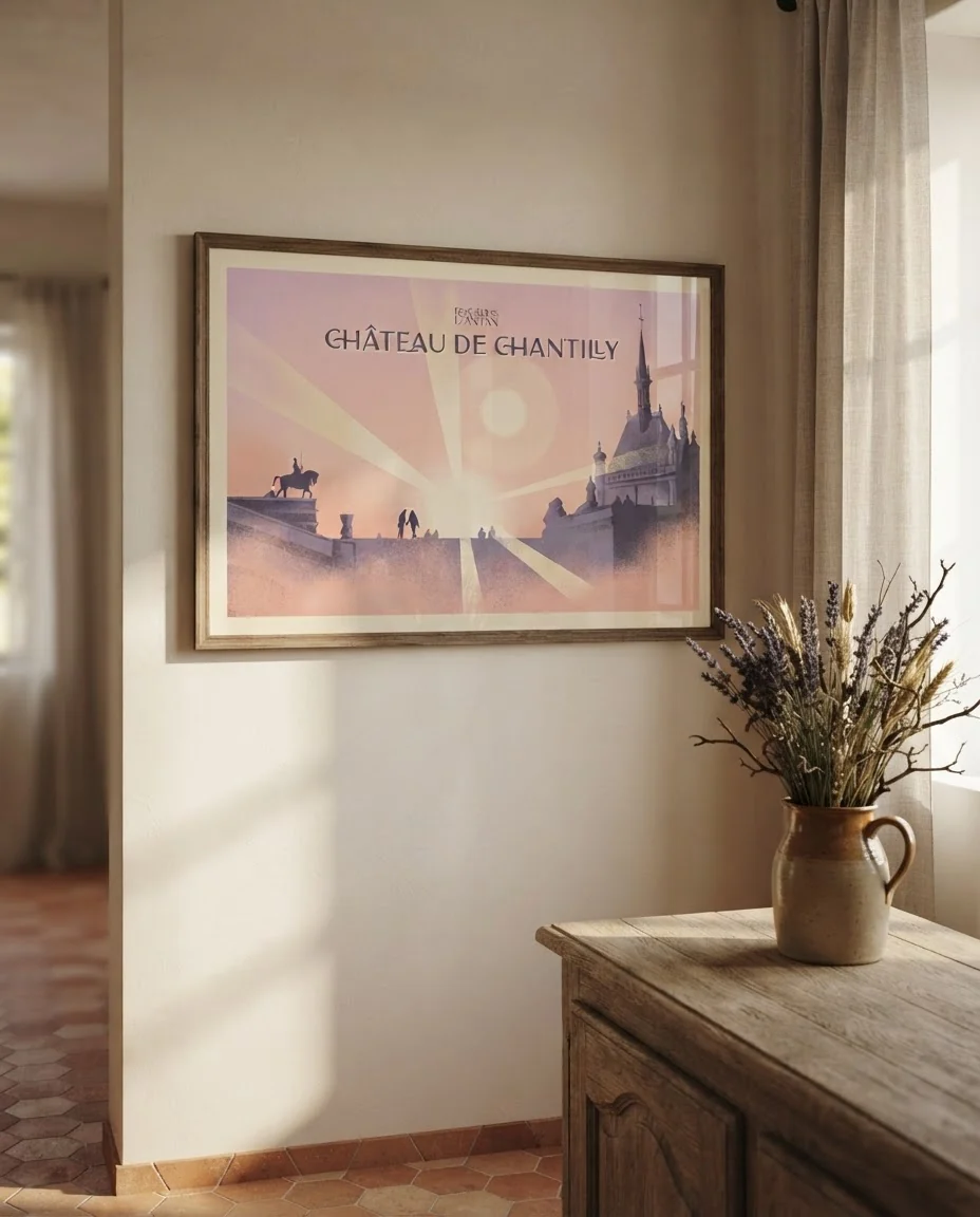 Affiche Château de Chantilly de Regards d'Antan, encadrée sur un mur de plâtre crème dans une maison de Provence, tomettes et meubles de chêne patiné