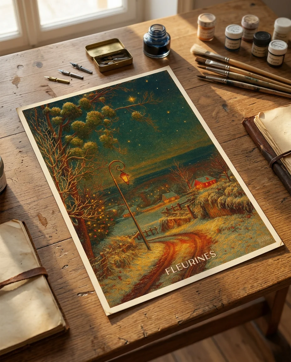 Affiche Fleurines, Chemin de Noël de Regards d'Antan, tirage non encadré posé à plat sur une table à dessin ancienne, en lumière rasante