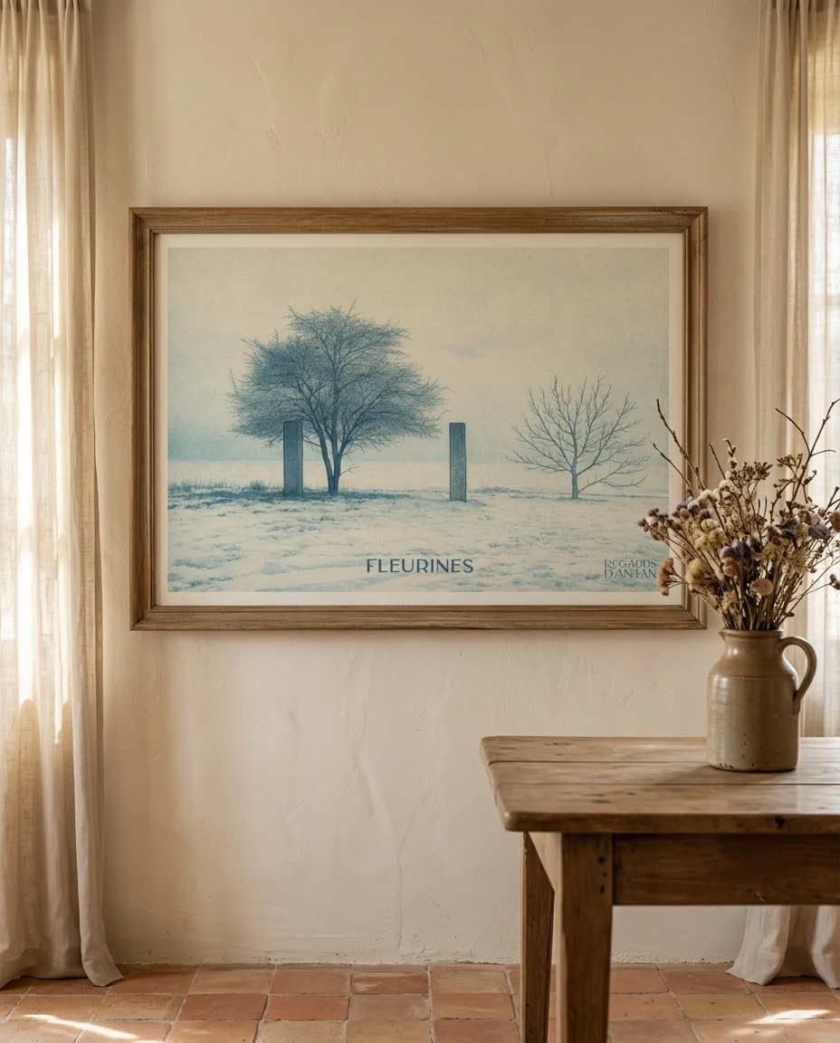 Affiche Fleurines, L'Hiver de Regards d'Antan, encadrée sur un mur de plâtre crème dans une maison de Provence, tomettes et meubles de chêne patiné