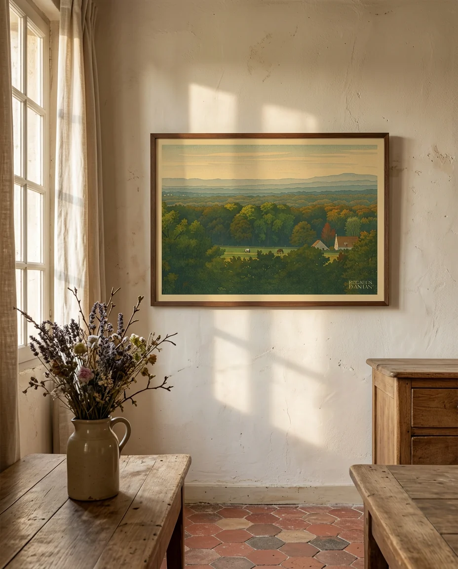 Affiche Fleurines, Panorama d'Automne de Regards d'Antan, encadrée sur un mur de plâtre crème dans une maison de Provence, tomettes et meubles de chêne patiné