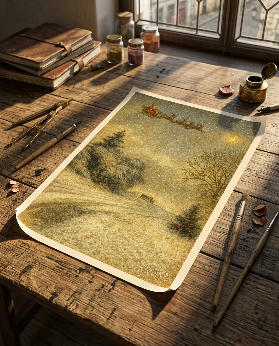 Affiche Fleurines, Le Père Noël de Regards d'Antan, tirage non encadré posé à plat sur une table à dessin ancienne, en lumière rasante