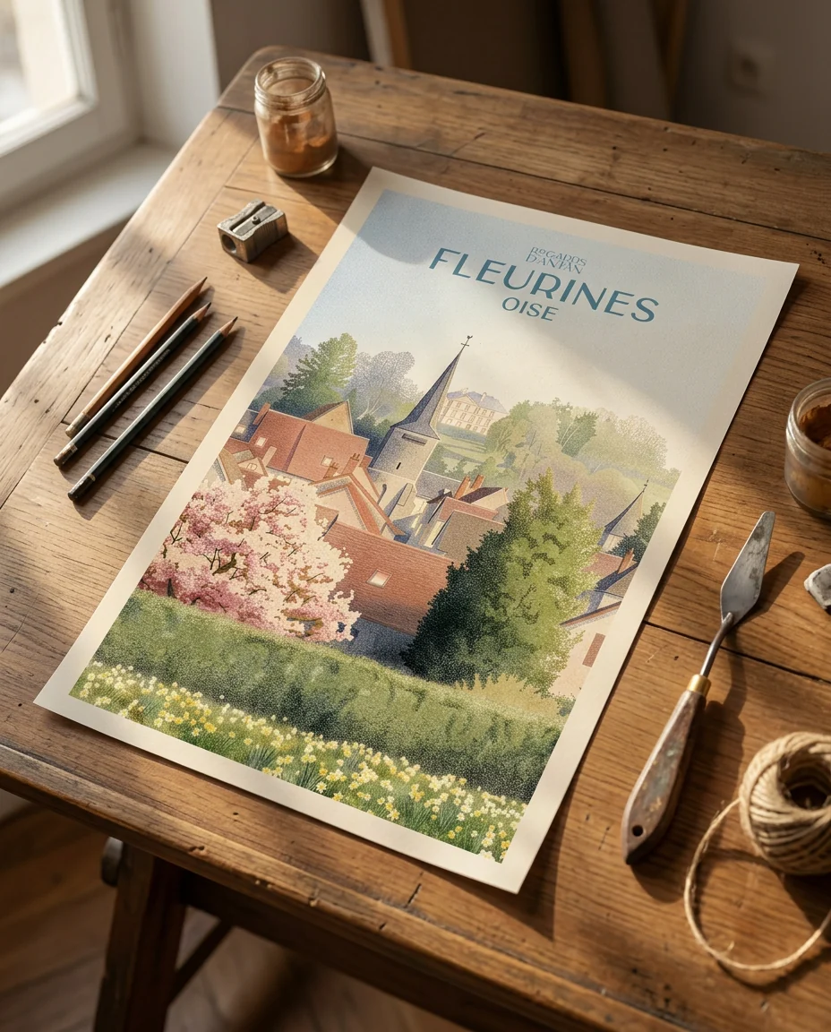 Affiche Fleurines, Perspective de Regards d'Antan, tirage non encadré posé à plat sur une table à dessin ancienne, en lumière rasante