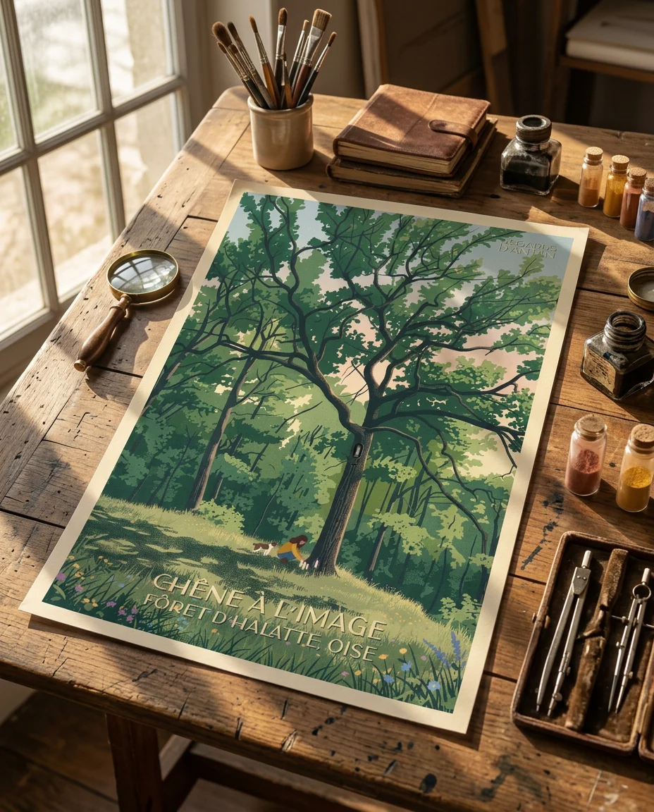 Affiche Forêt d'Halatte, Chêne à l'Image de Regards d'Antan, tirage non encadré posé à plat sur une table à dessin ancienne, en lumière rasante