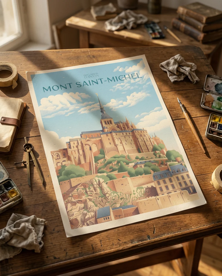 Affiche Le Mont-Saint-Michel de Regards d'Antan, tirage non encadré posé à plat sur une table à dessin ancienne, en lumière rasante