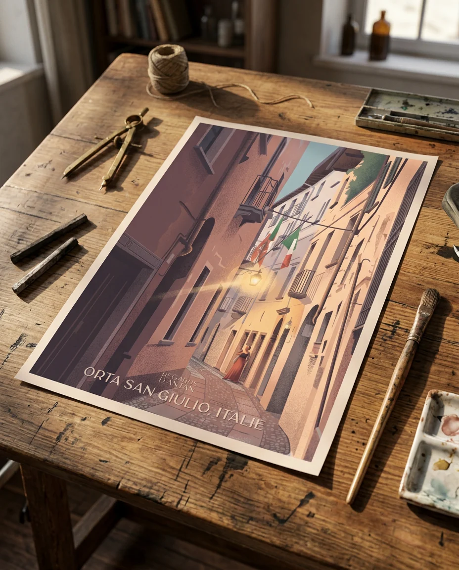 Affiche Orta San Giulio, Italie de Regards d'Antan, tirage non encadré posé à plat sur une table à dessin ancienne, en lumière rasante