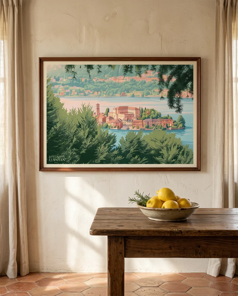 Carte postale Orta San Giulio, Carte Postale de Regards d'Antan, encadrée sur un mur de plâtre crème dans une maison de Provence, tomettes et meubles de chêne patiné