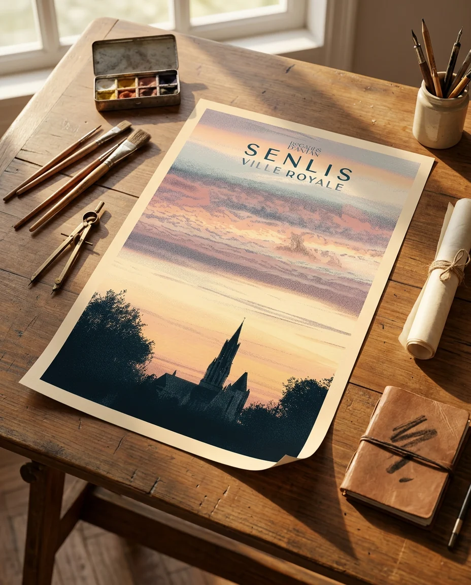 Affiche Senlis, Coucher de Soleil de Regards d'Antan, tirage non encadré posé à plat sur une table à dessin ancienne, en lumière rasante