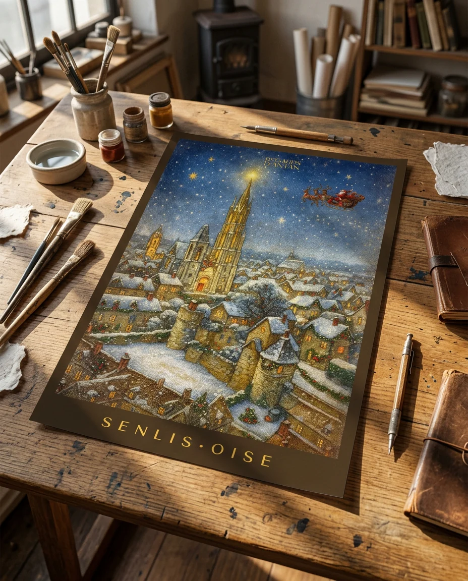 Affiche Senlis, Noël sur les Toits de Regards d'Antan, tirage non encadré posé à plat sur une table à dessin ancienne, en lumière rasante