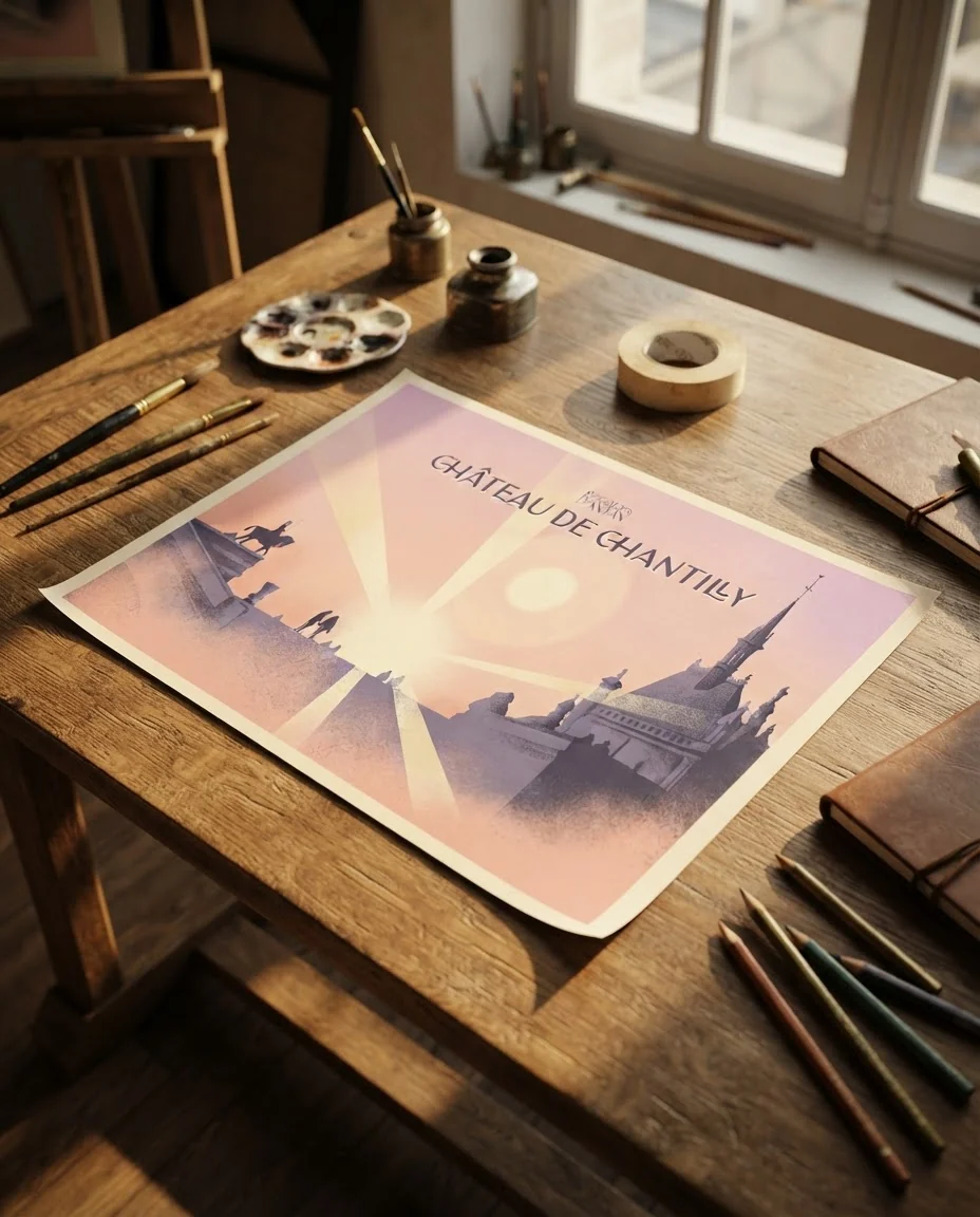 Affiche Château de Chantilly de Regards d'Antan, tirage non encadré posé à plat sur une table à dessin ancienne, en lumière rasante
