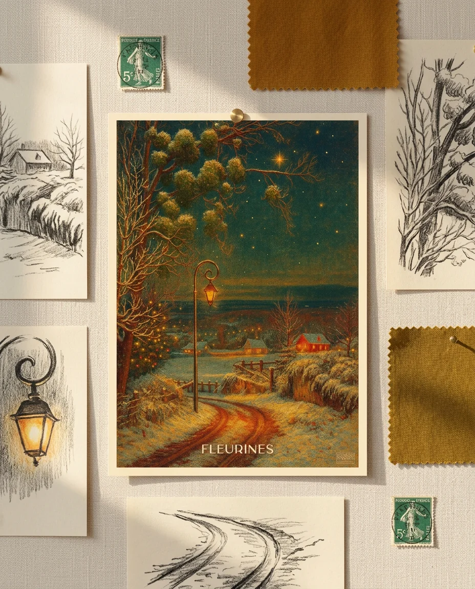 Affiche Fleurines, Chemin de Noël de Regards d'Antan, carte postale punaisée sur un moodboard en lin crème, parmi des timbres anciens
