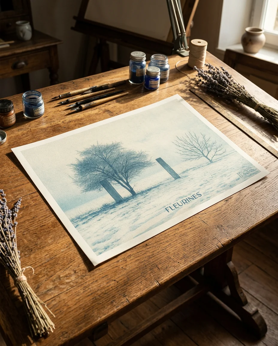 Affiche Fleurines, L'Hiver de Regards d'Antan, tirage non encadré posé à plat sur une table à dessin ancienne, en lumière rasante