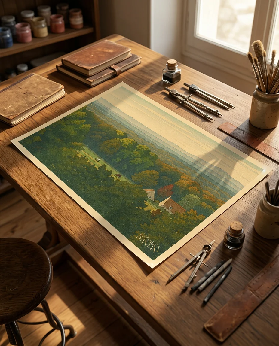 Affiche Fleurines, Panorama d'Automne de Regards d'Antan, tirage non encadré posé à plat sur une table à dessin ancienne, en lumière rasante