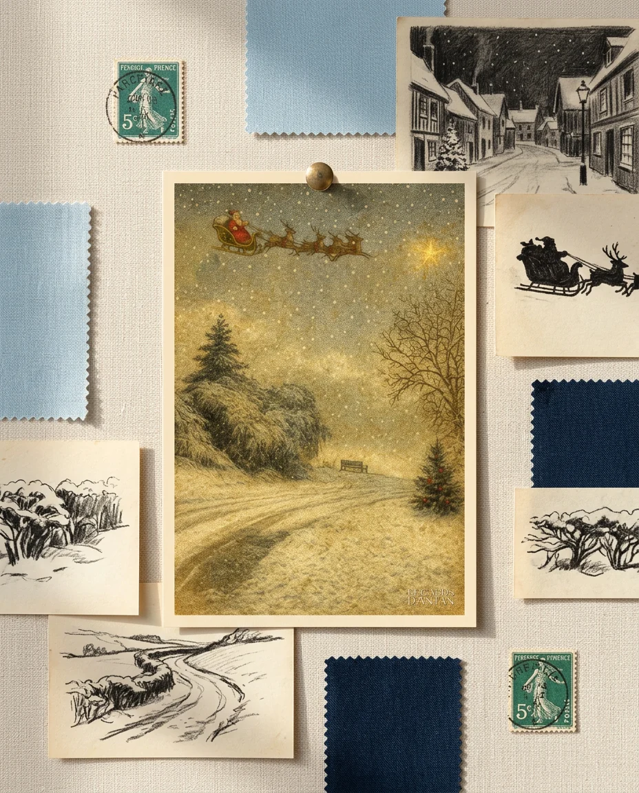 Affiche Fleurines, Le Père Noël de Regards d'Antan, carte postale punaisée sur un moodboard en lin crème, parmi des timbres anciens