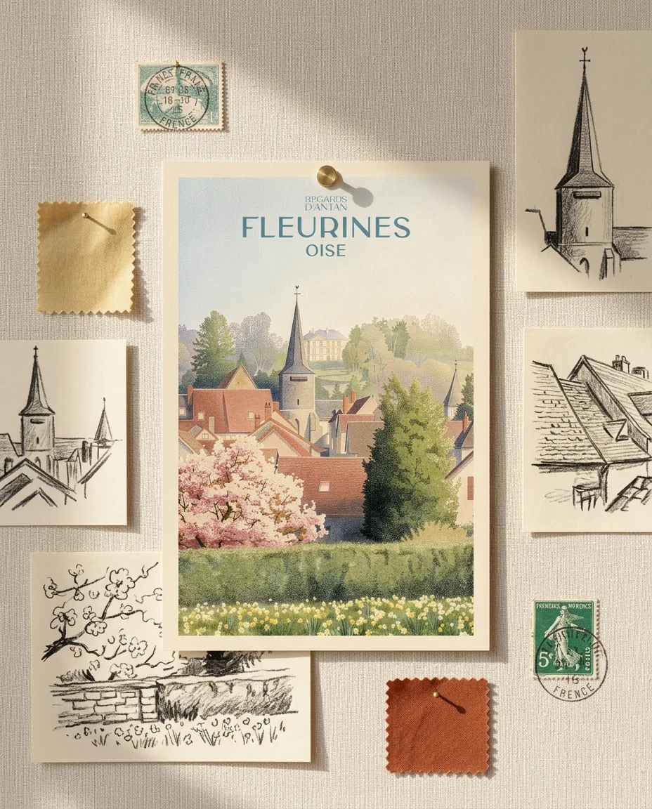 Affiche Fleurines, Perspective de Regards d'Antan, carte postale punaisée sur un moodboard en lin crème, parmi des timbres anciens