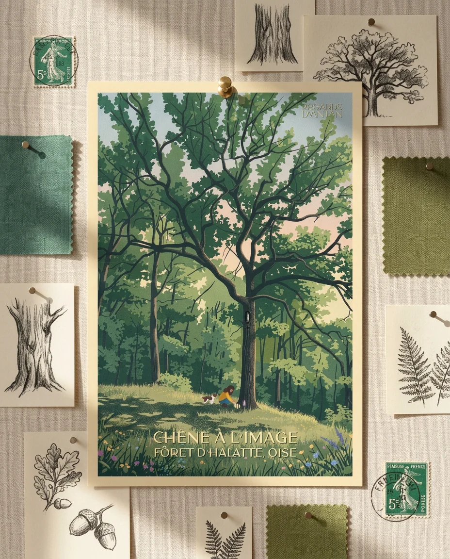 Affiche Forêt d'Halatte, Chêne à l'Image de Regards d'Antan, carte postale punaisée sur un moodboard en lin crème, parmi des timbres anciens