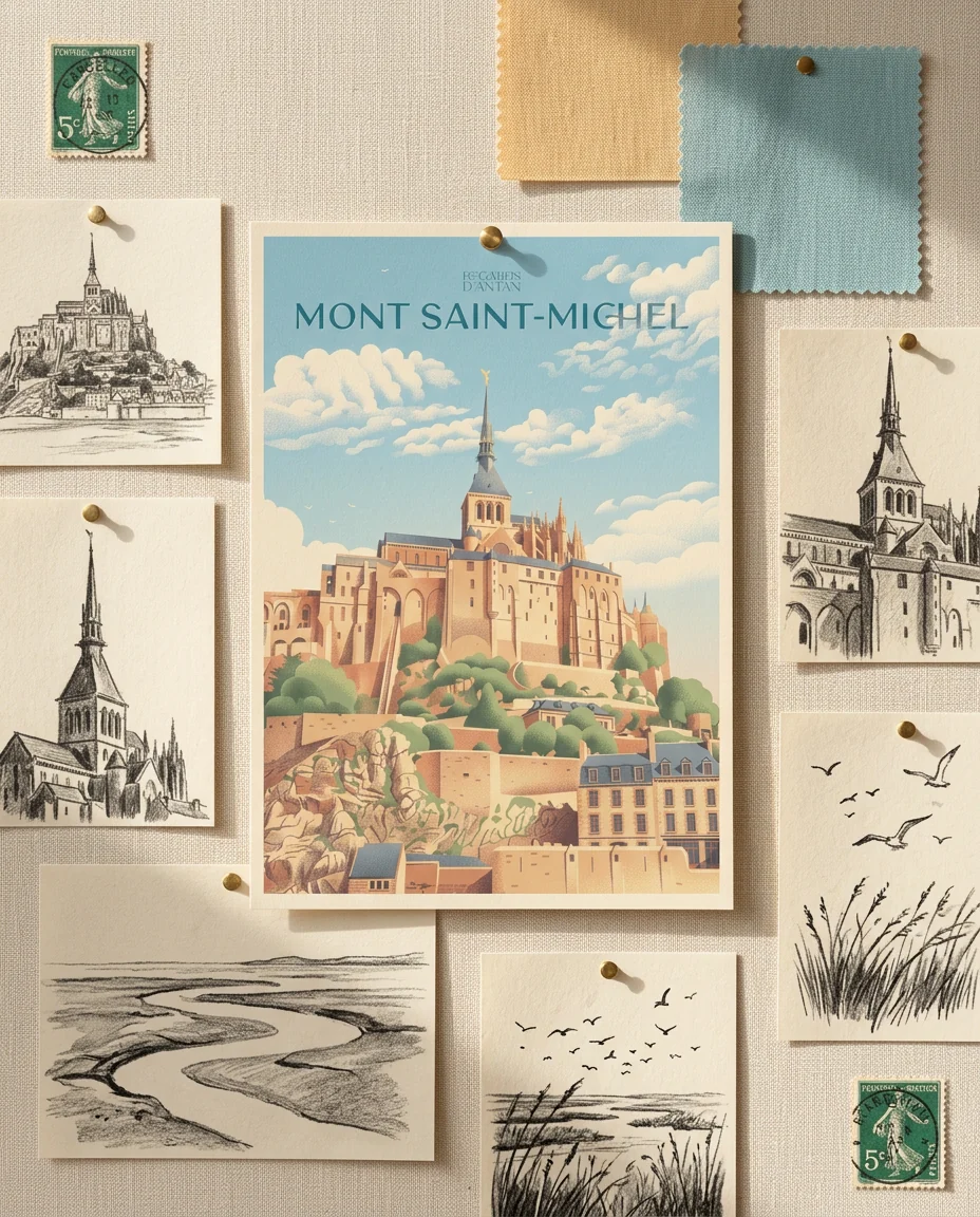 Affiche Le Mont-Saint-Michel de Regards d'Antan, carte postale punaisée sur un moodboard en lin crème, parmi des timbres anciens