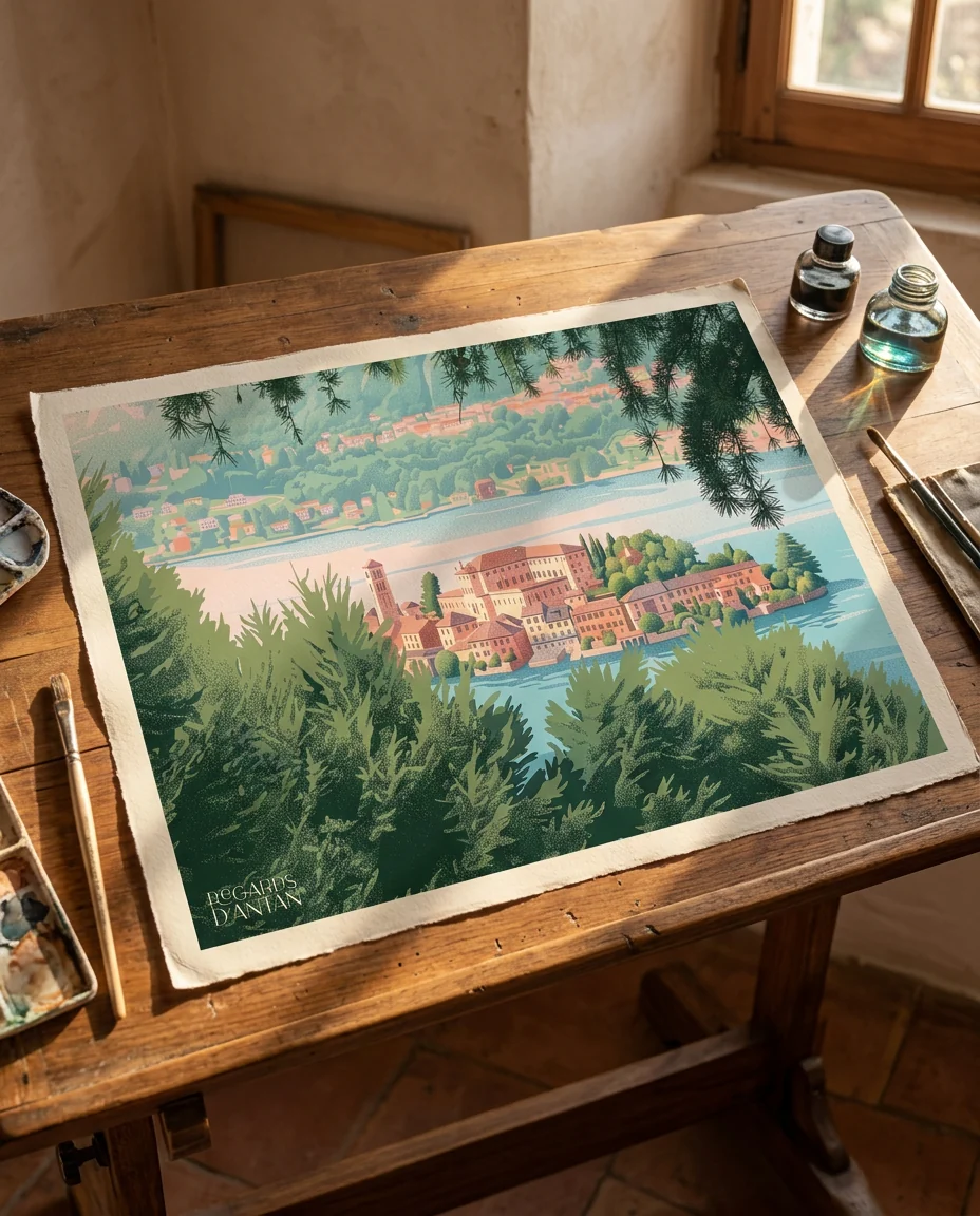 Carte postale Orta San Giulio, Carte Postale de Regards d'Antan, tirage non encadré posé à plat sur une table à dessin ancienne, en lumière rasante