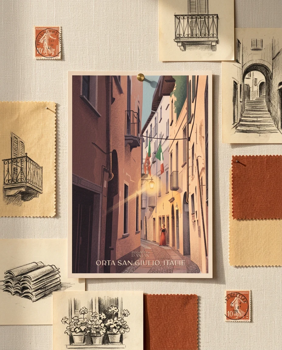 Affiche Orta San Giulio, Italie de Regards d'Antan, carte postale punaisée sur un moodboard en lin crème, parmi des timbres anciens