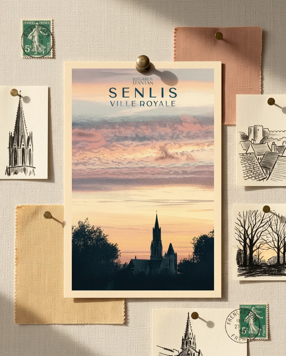 Affiche Senlis, Coucher de Soleil de Regards d'Antan, carte postale punaisée sur un moodboard en lin crème, parmi des timbres anciens